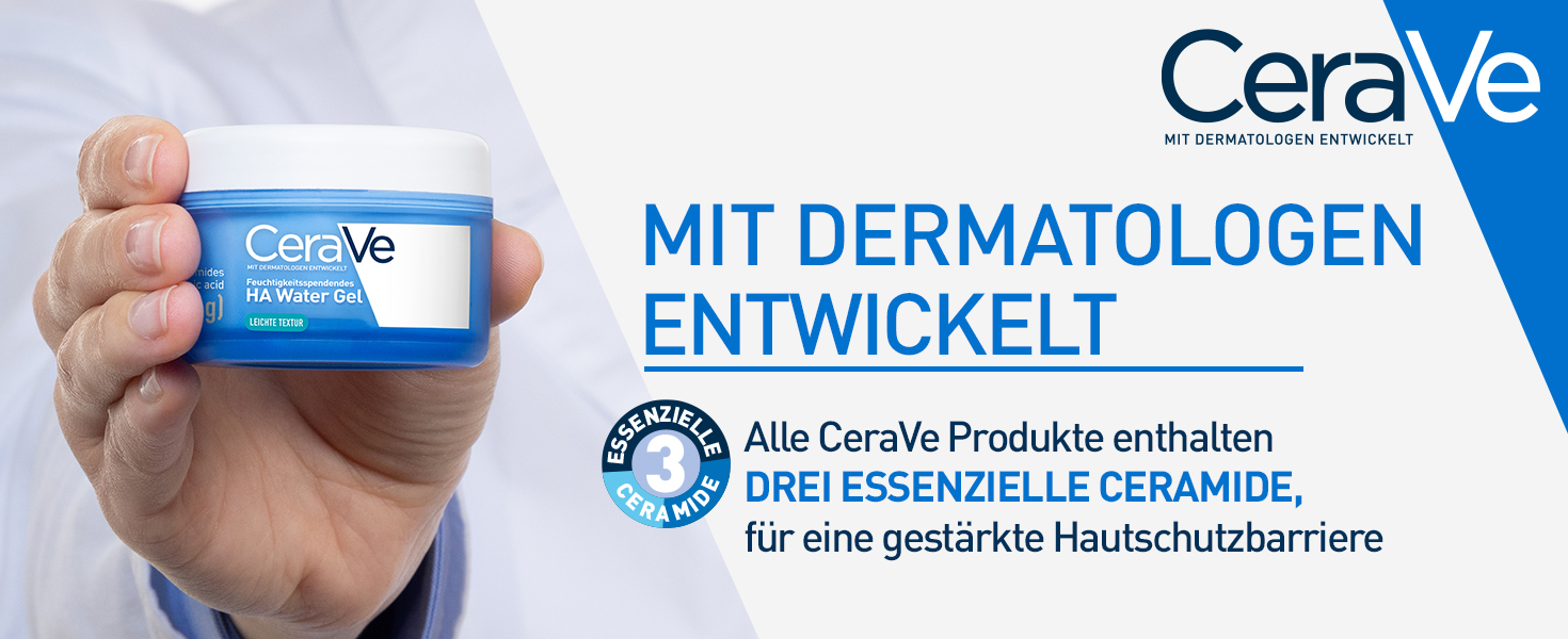 Person hält blaues Tiegel mit weißem Deckel. Aufschrift: CeraVe, HA Water Gel. Text: Mit Dermatologen entwickelt.